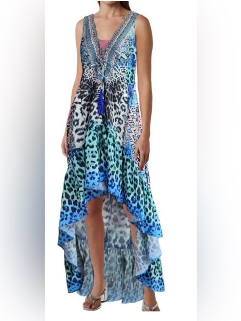 NWT La Moda True Colours Blue Leopard Embellished Hi-Low Maxi Dress Cover Up S/M